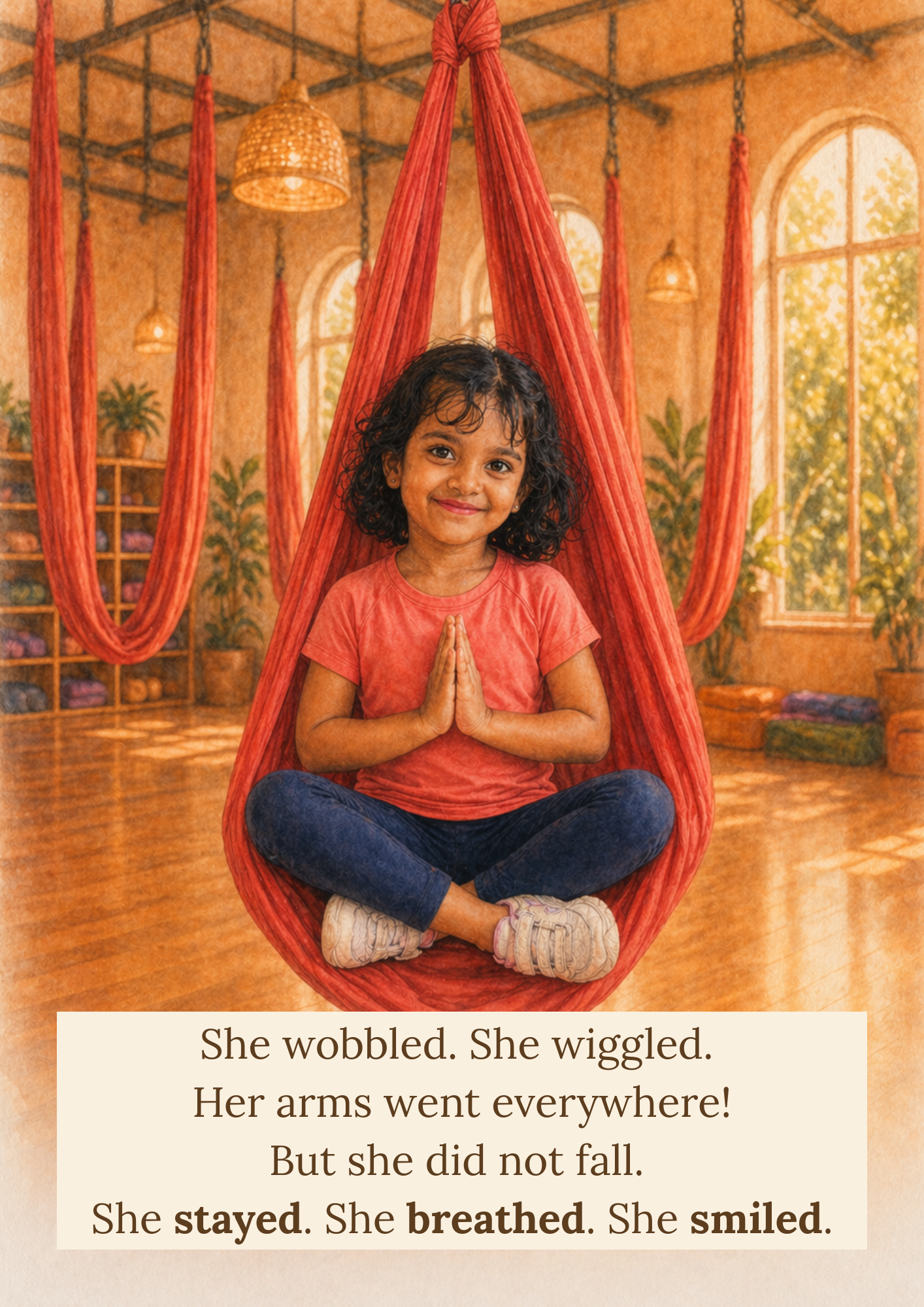 Personalised storybook page showing Aadya in an aerial movement scene
