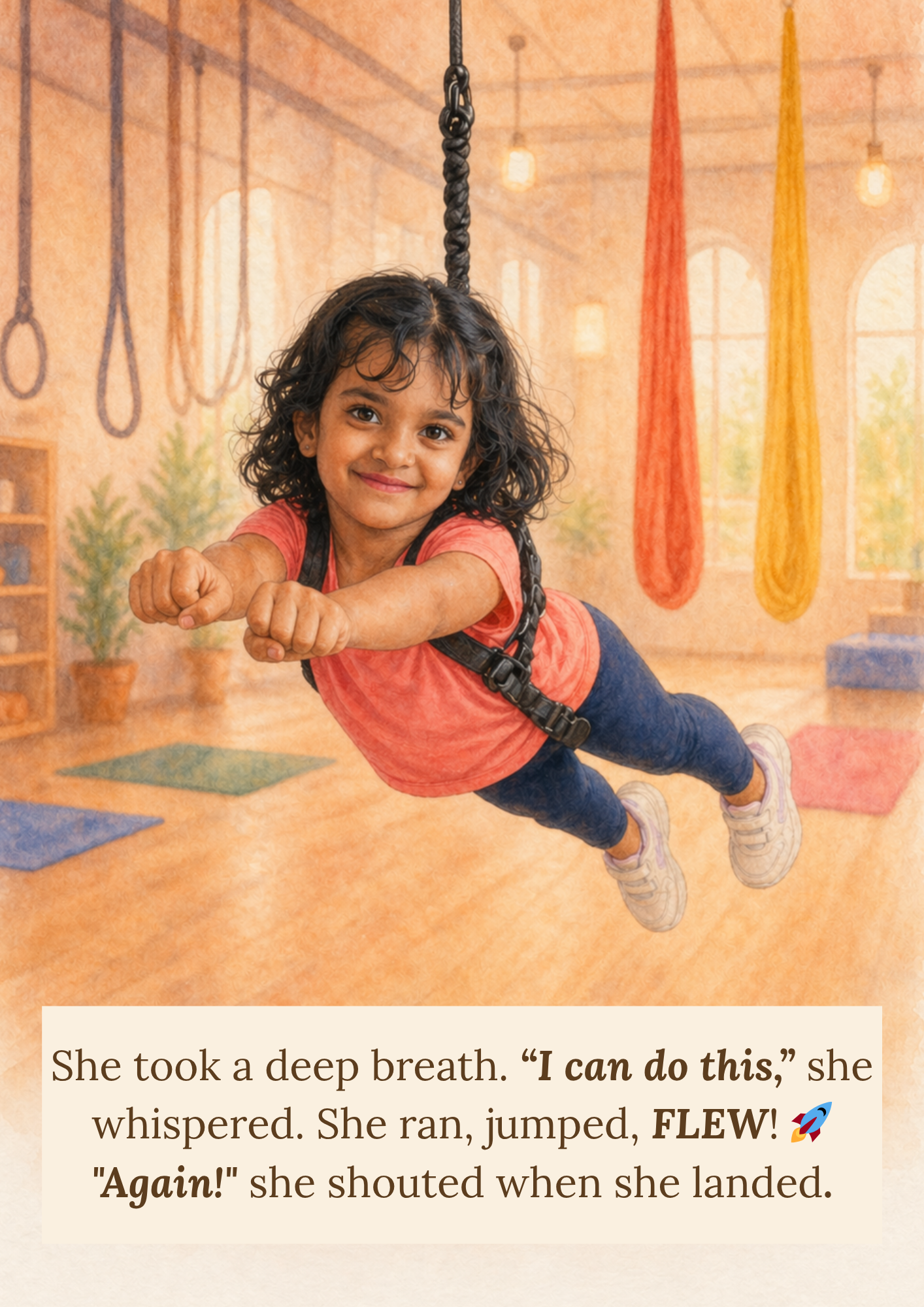 Personalised adventure storybook page showing Aadya flying through a magical moment