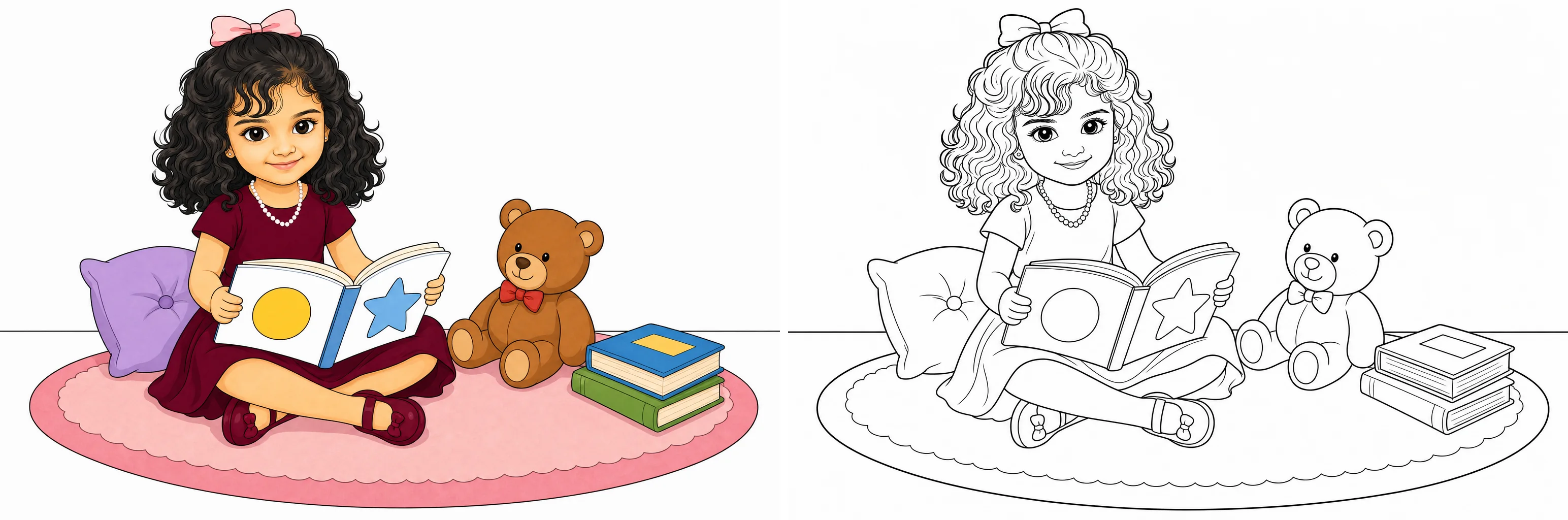Personalised child reading scene shown in colour and as a colouring outline