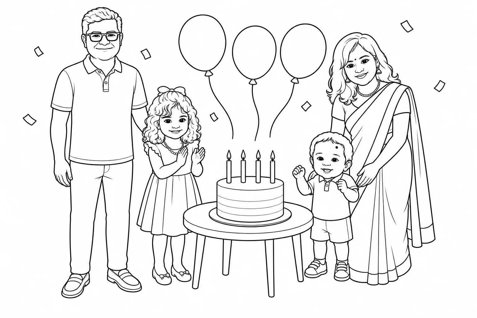 Matching family birthday colouring page