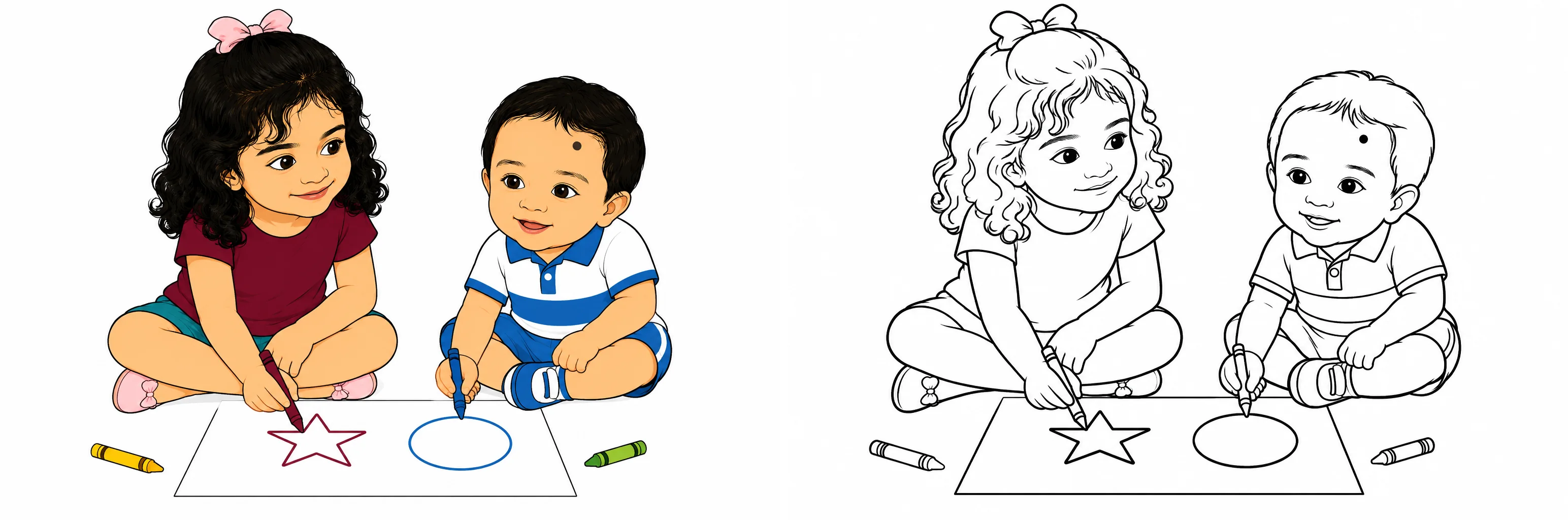 Personalised siblings drawing together shown in colour and as a colouring outline