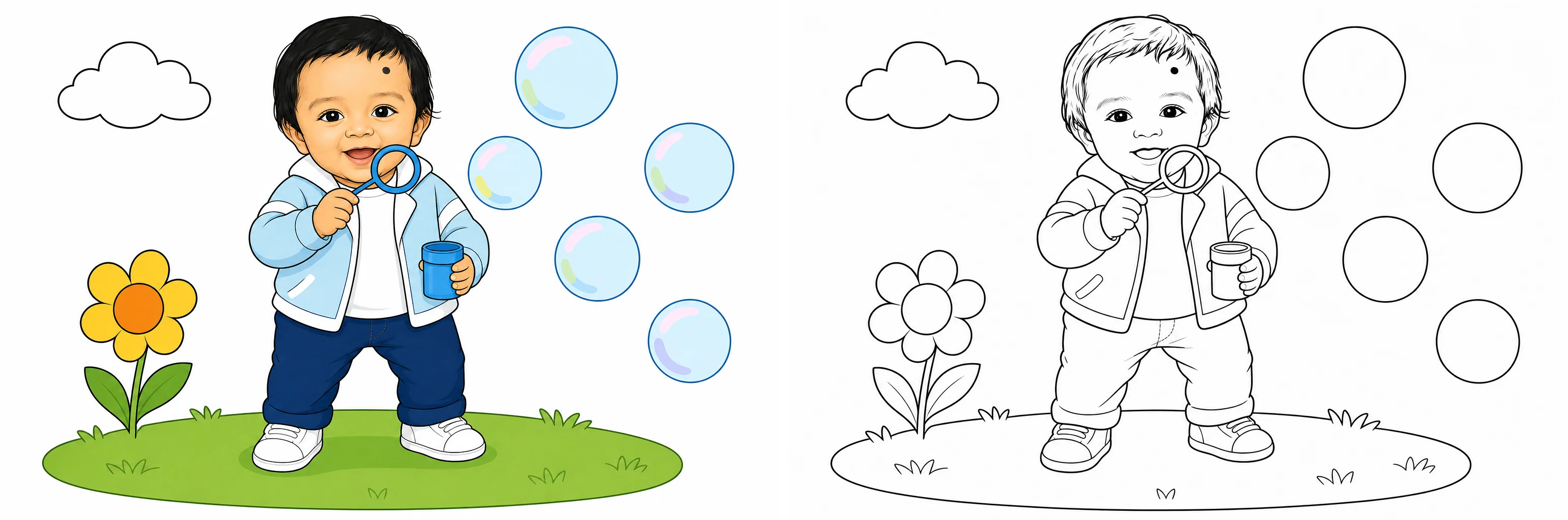 Personalised child bubble scene shown in colour and as a colouring outline