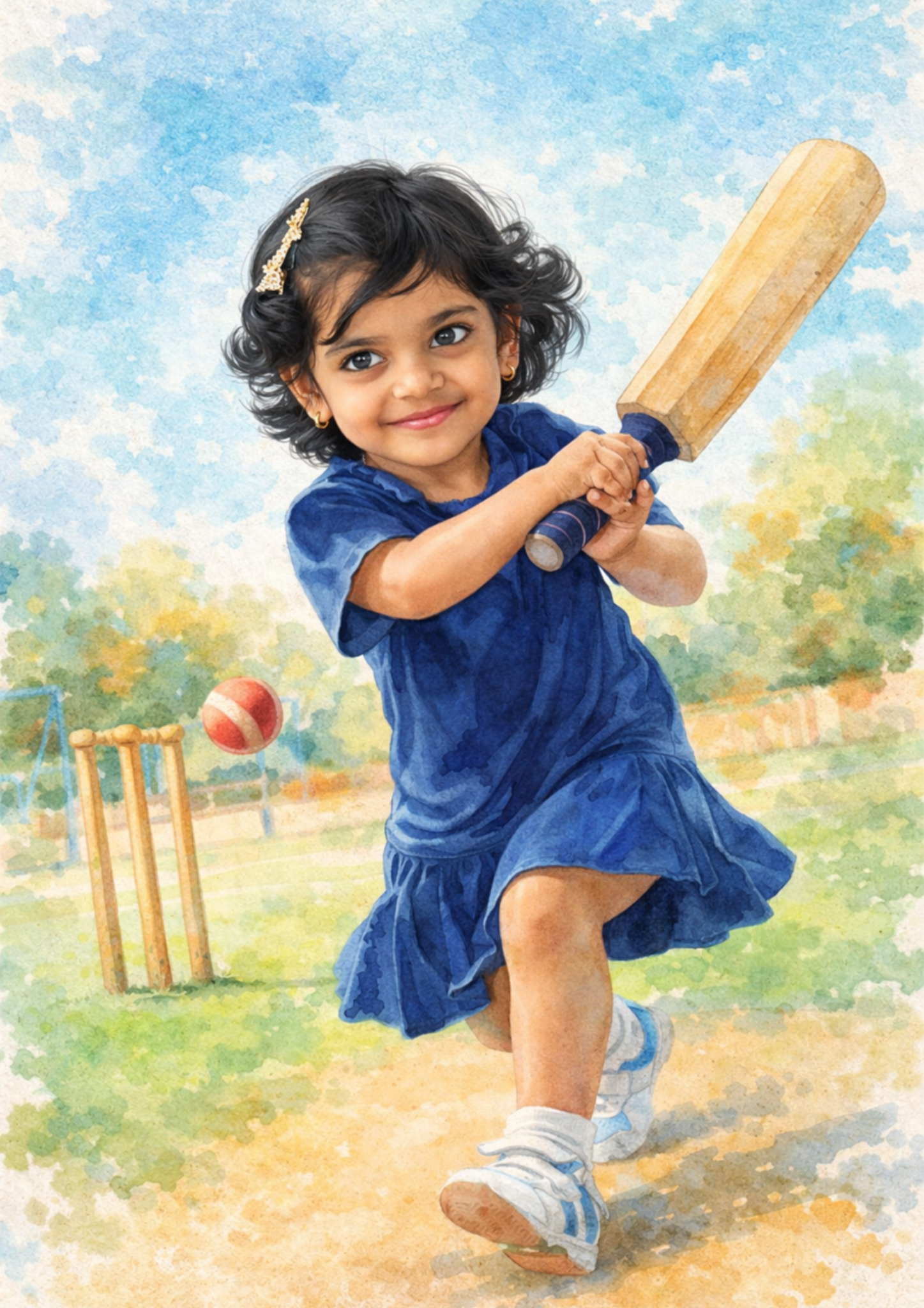 Personalised sports storybook page showing Aadya playing cricket