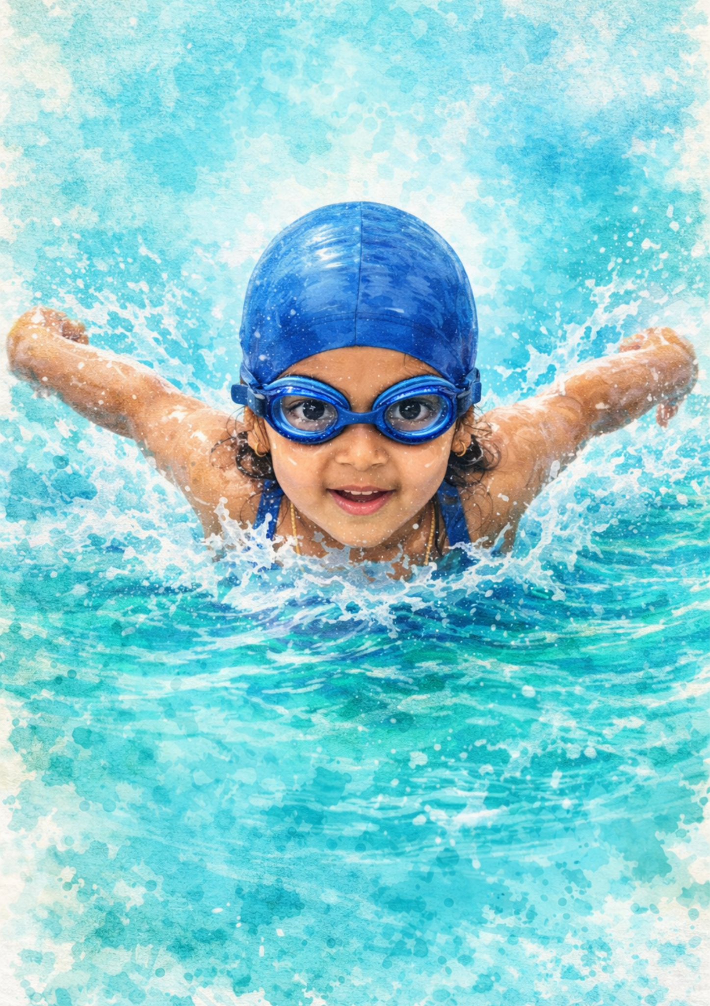 Personalised sports storybook page showing Aadya swimming