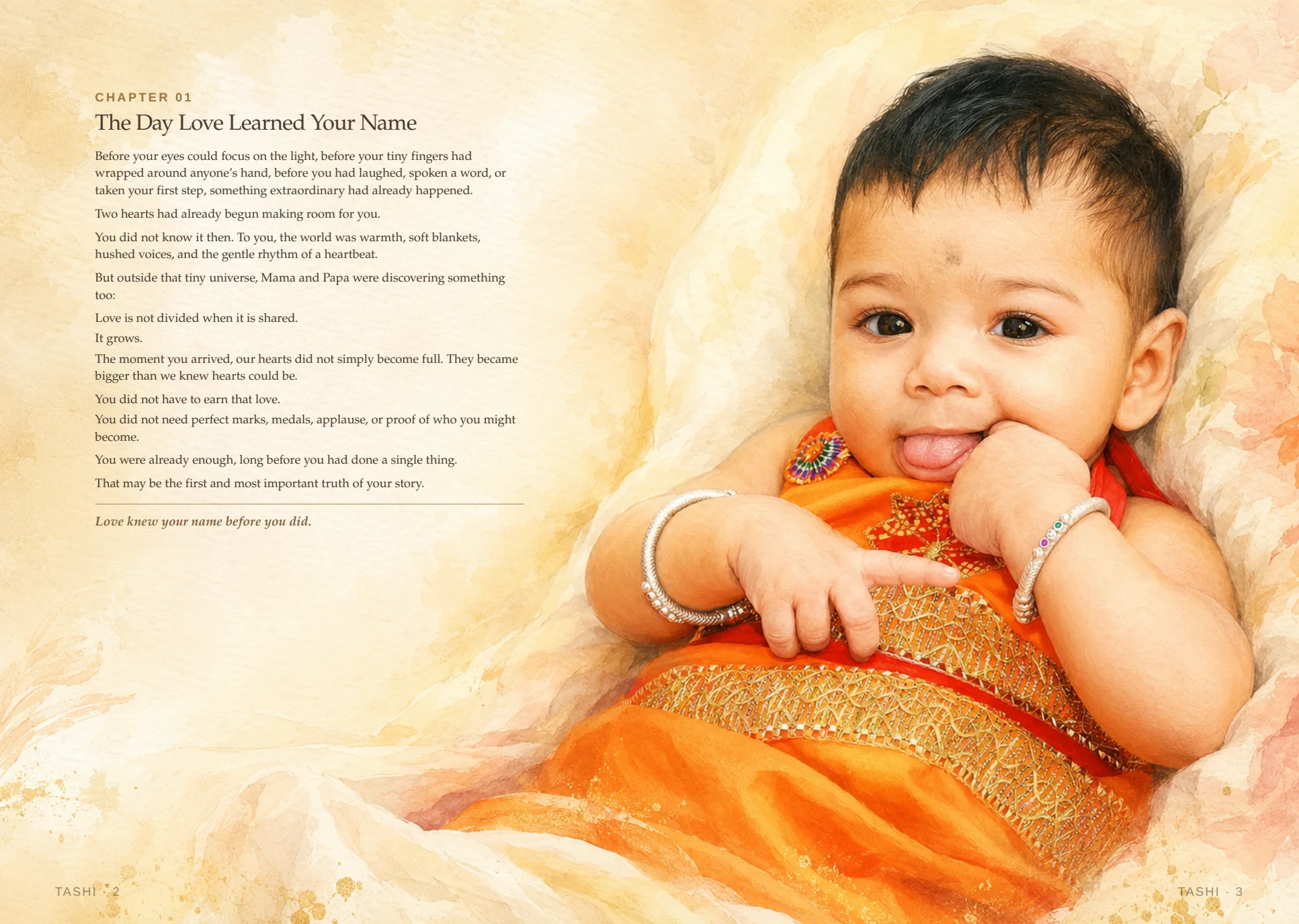 The child's birth and naming story across a complete book spread