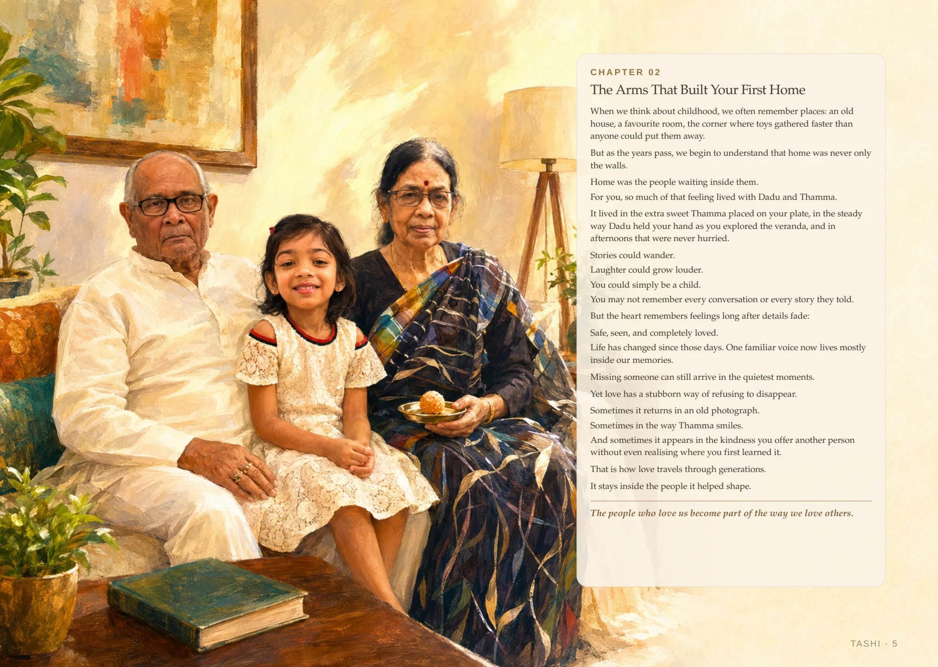 A complete book spread celebrating grandparents and family roots