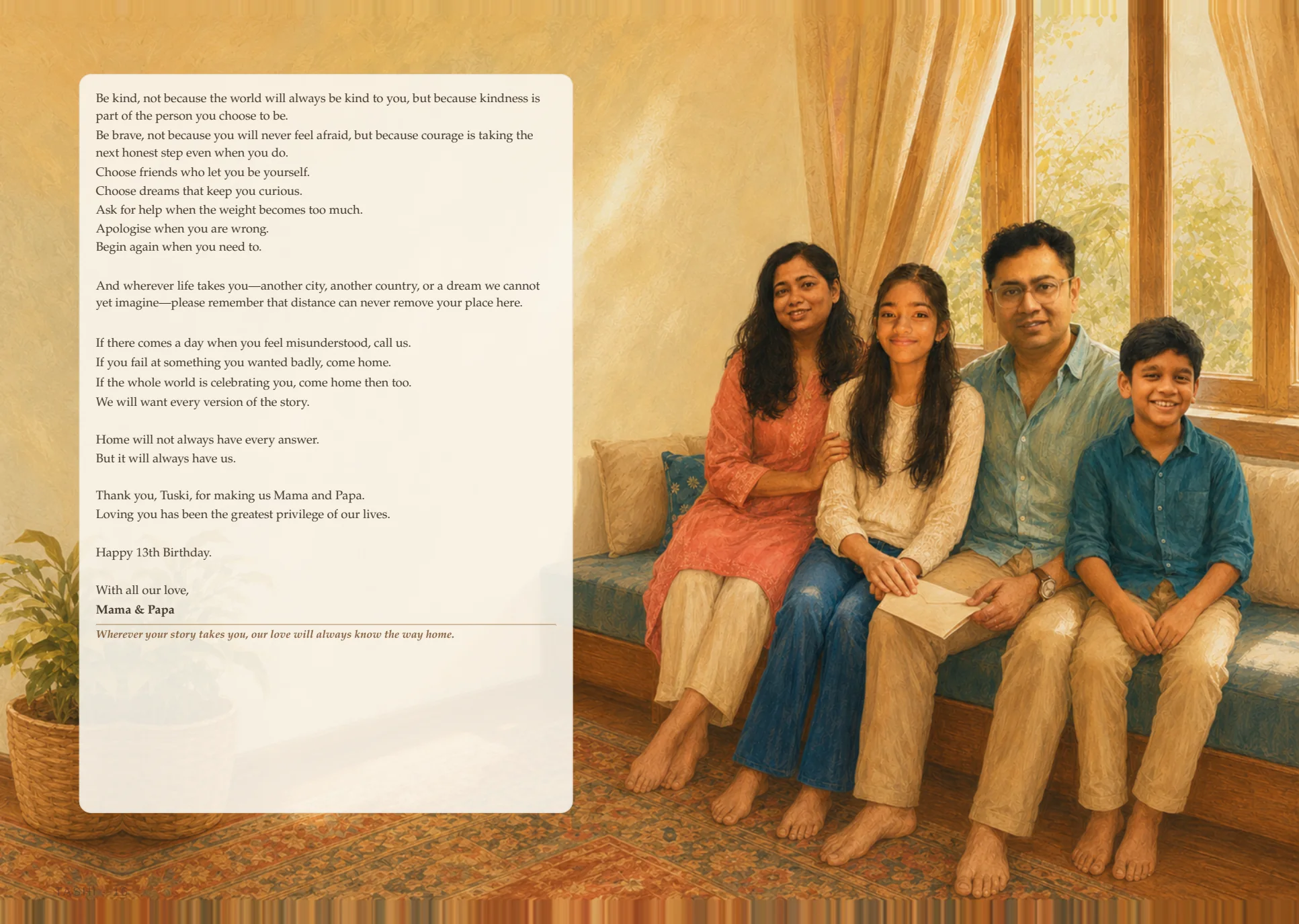 Closing spread of the parents' letter with the family portrait