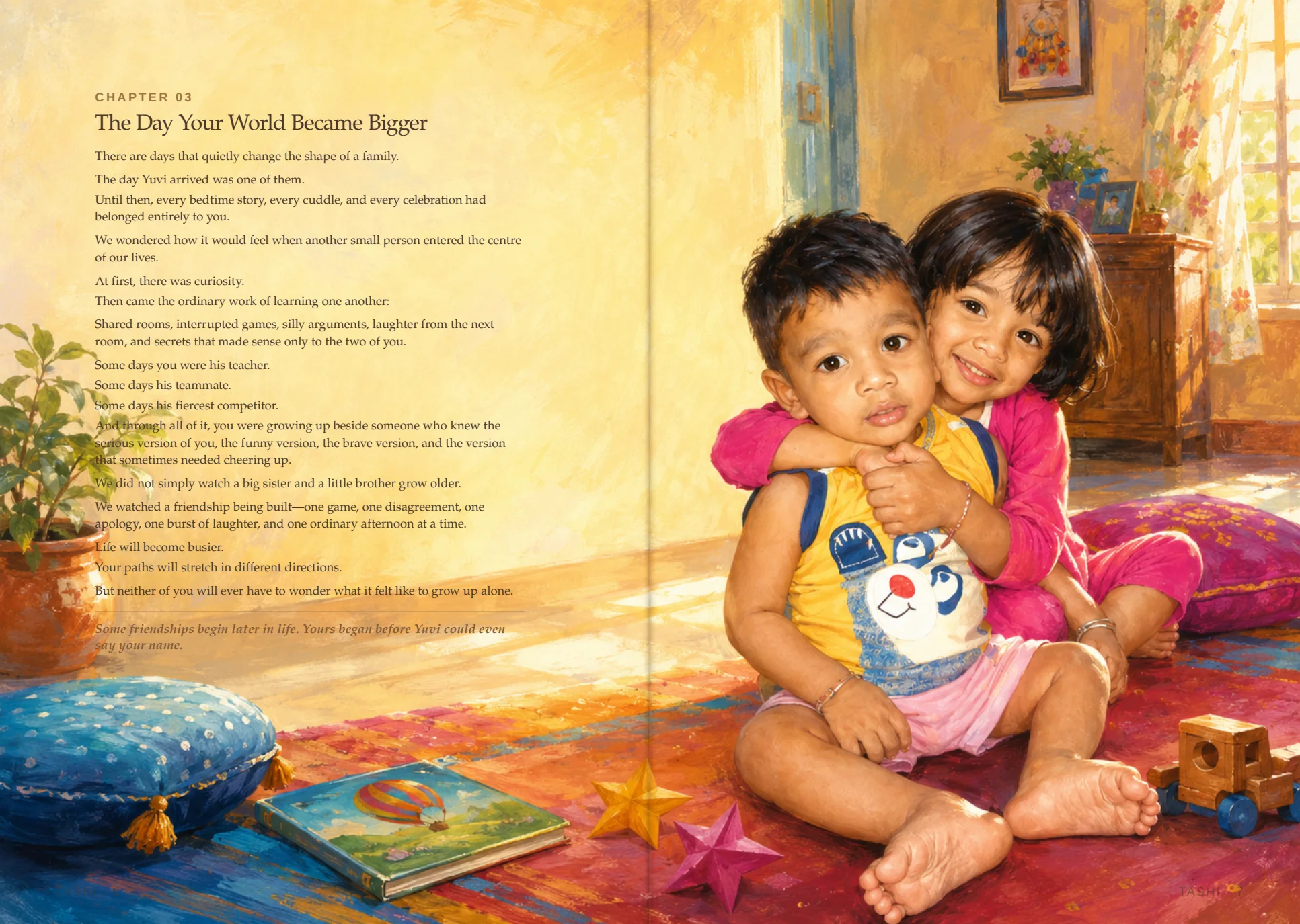 A complete book spread celebrating the younger sibling bond
