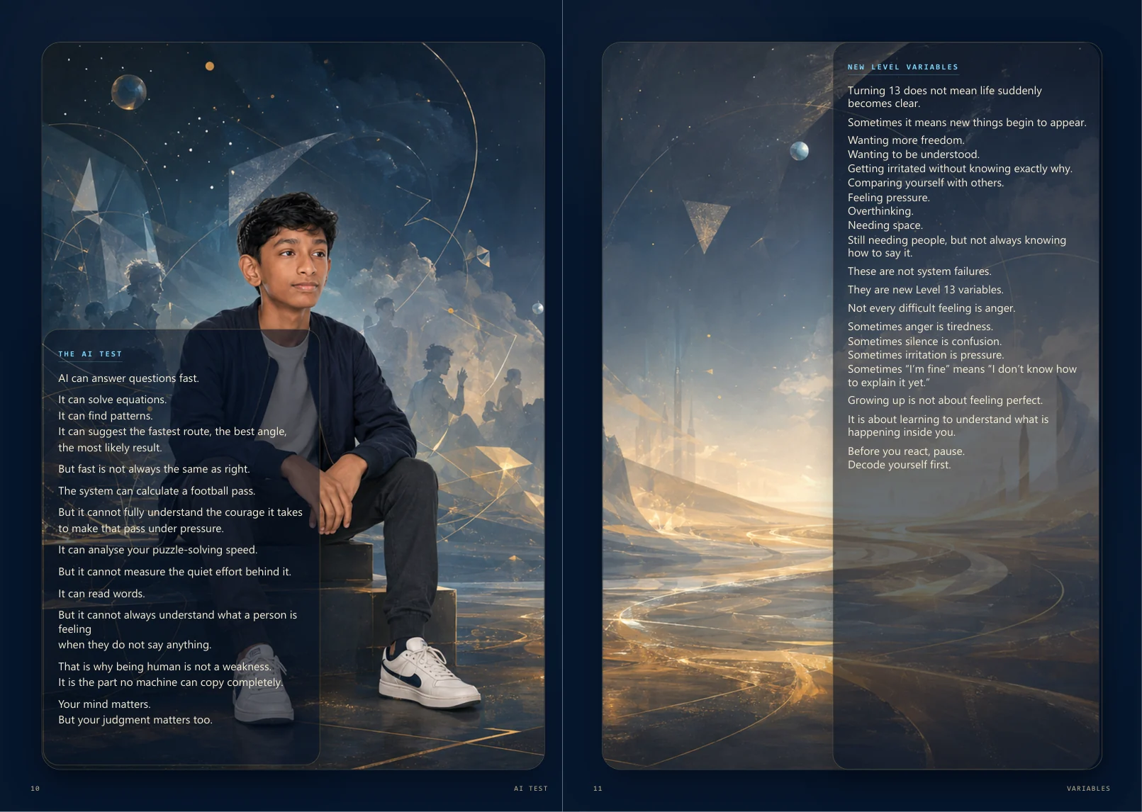 Complete book spread about human judgement and the feelings that come with turning thirteen