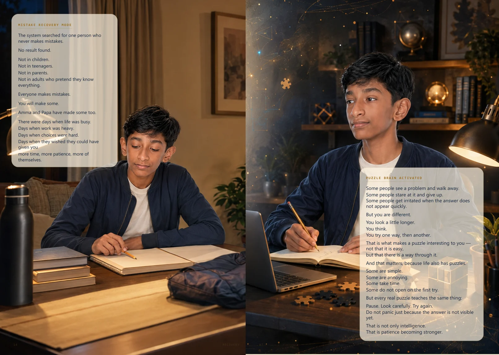 Complete book spread about learning from mistakes and solving puzzles