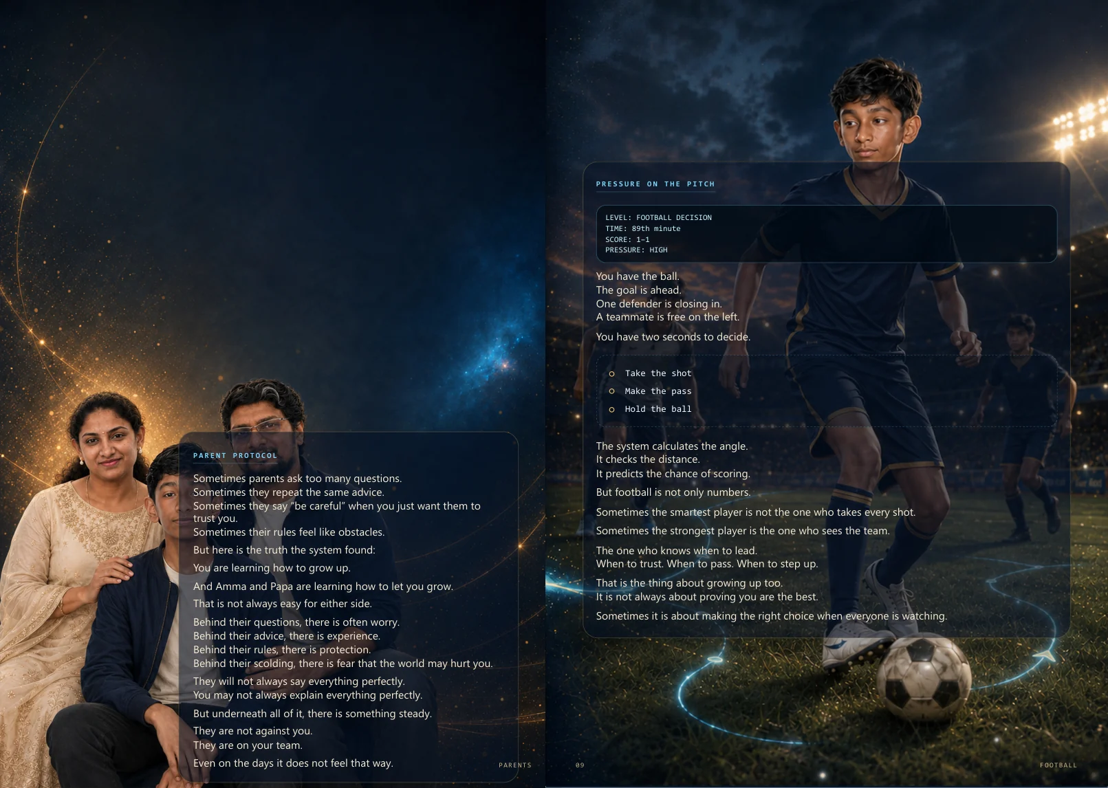 Complete book spread about parent support and a football challenge