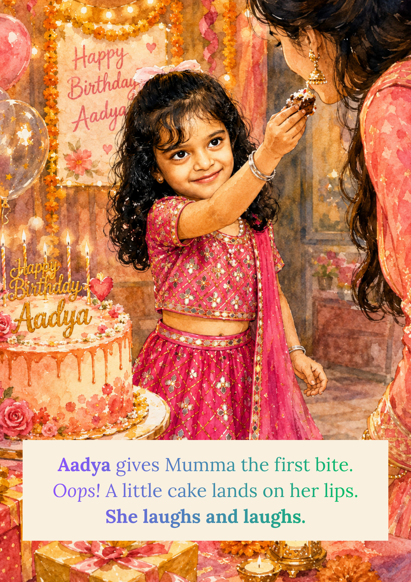 Personalised birthday storybook page showing Aadya receiving blessings