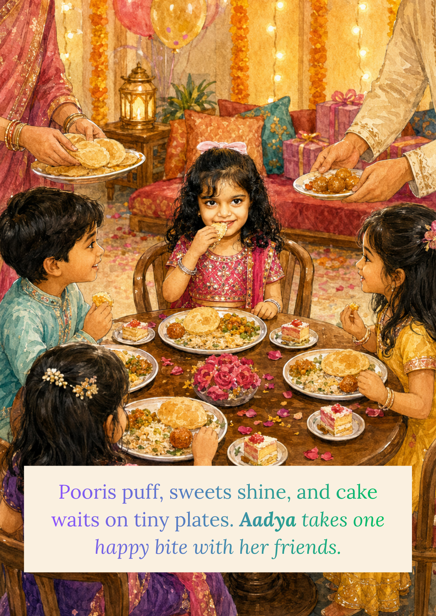 Preview page from Today is my Birthday showing Aadya celebrating with friends and family