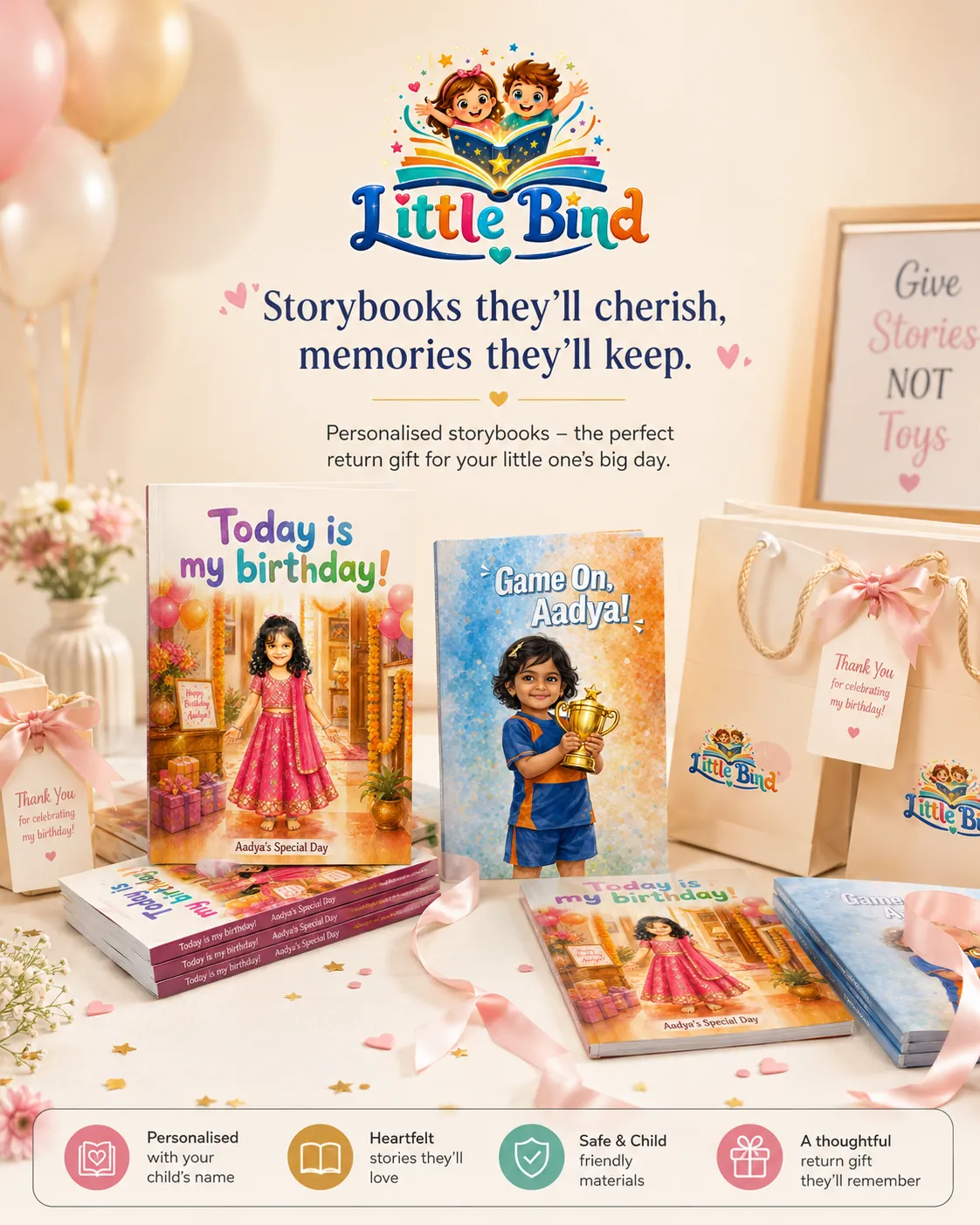 Little Bind personalised storybooks arranged as birthday return gifts on a celebration table