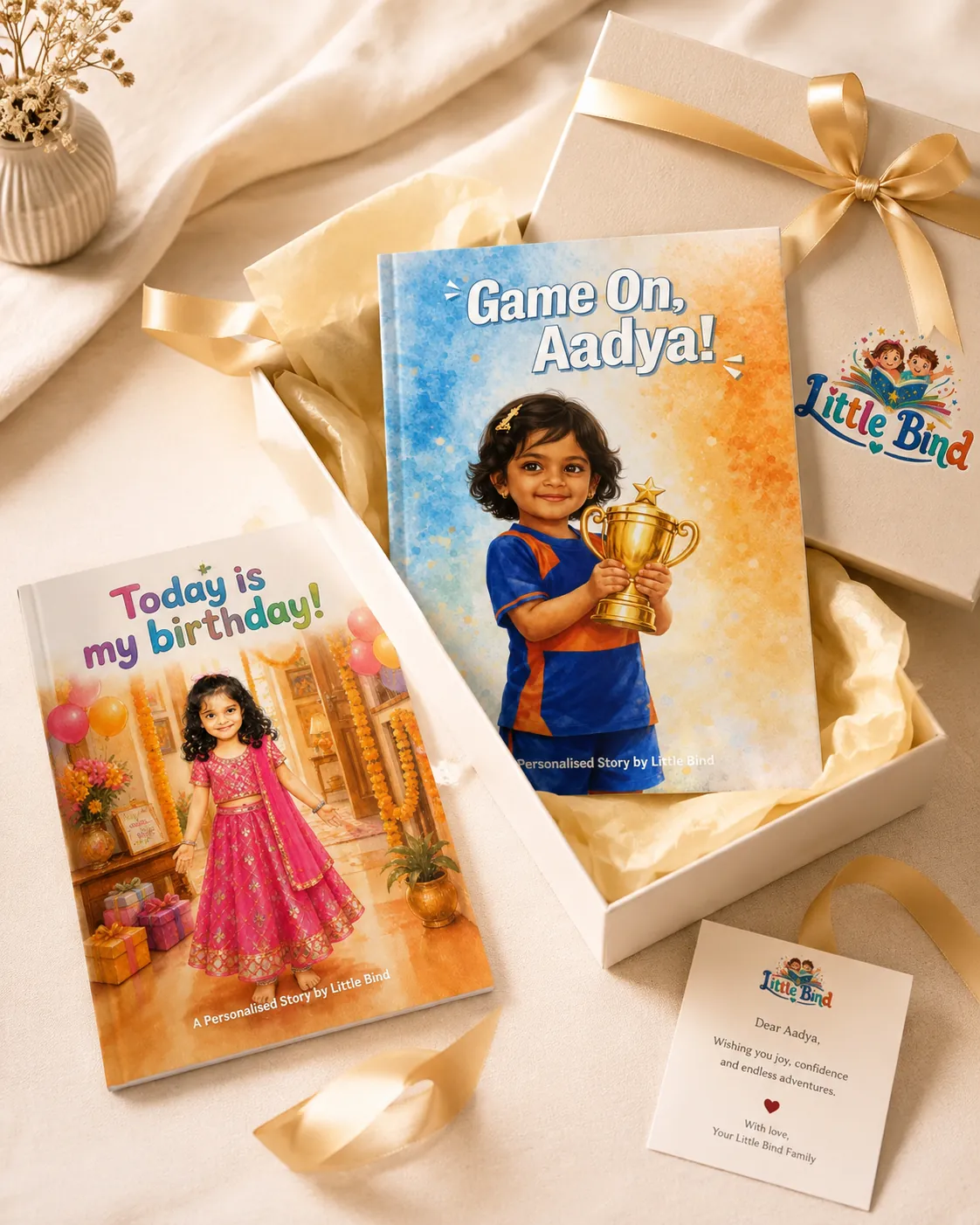 Little Bind personalised storybook presented inside a premium corporate family gift box