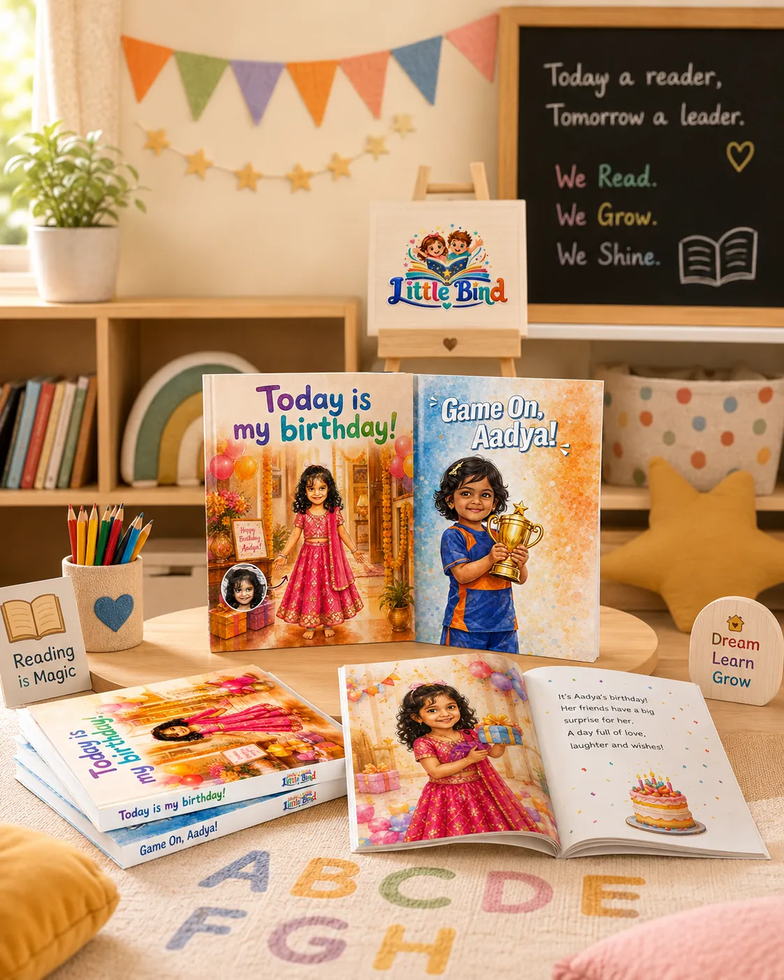 Children in a classroom reading their own personalised Little Bind storybooks